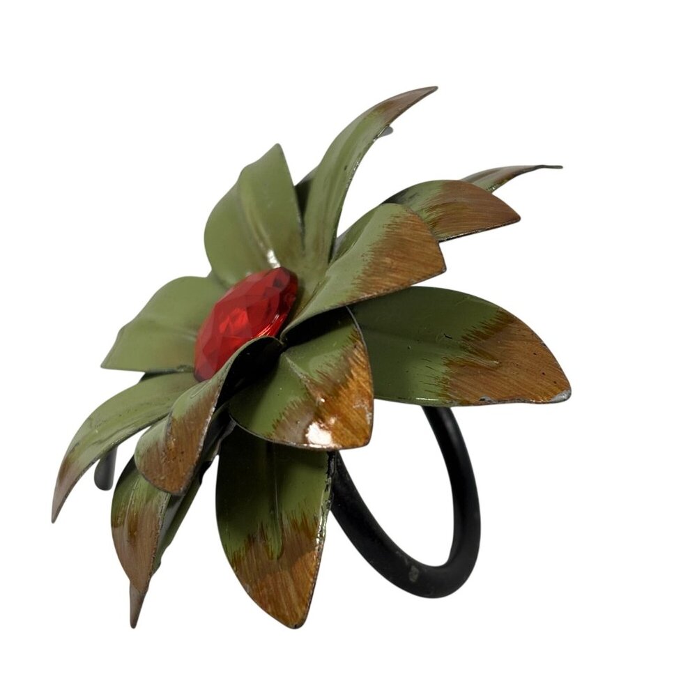 Set Of 6 Vintage Metal Flower Napkin Rings With Red Gem Center